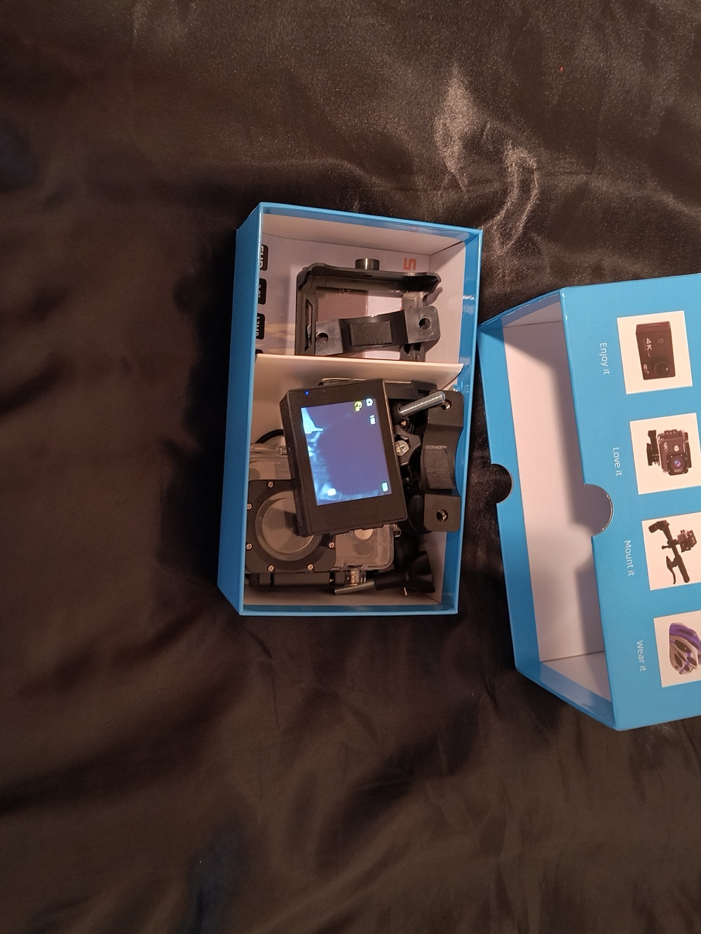 Action Camera with Waterproof Housing and Mounts - Black and Blue